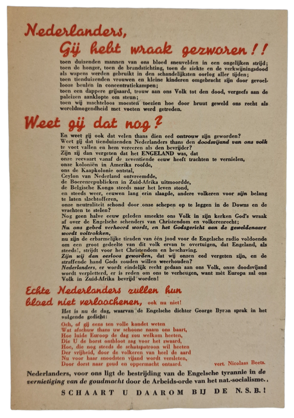 Original WW2 Dutch Collaboration NSB Flyer - Nederlanders, Gij hebt wraak gezworen!!