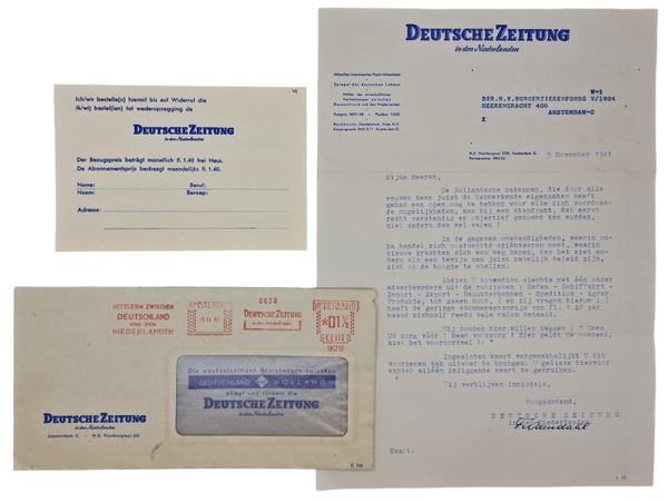 Original WW2 Dutch Collaboration Document - Deutsche Zeitung in den Niederlanden subscription form, Amsterdam (1941)