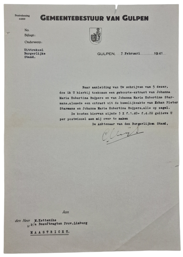 Original WW2 Dutch Document - Letter sending a birth certificate, Gulpen, Maastricht (1941)