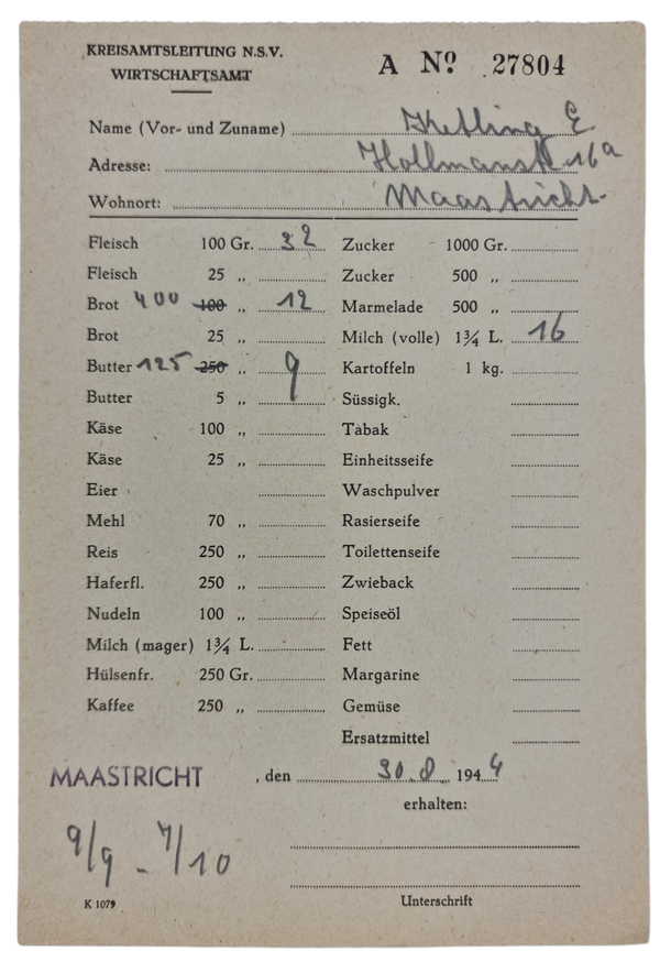 Original WW2 Dutch Document - Kreisamtsleitung NSV Wirtschaftsamt Maastricht (1944)