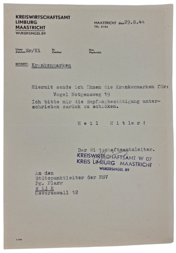 Original WW2 Dutch Document - Kreiswirtschaftsamt Limburg Maastricht, Krankenmarken, NSV Wijk (1944)