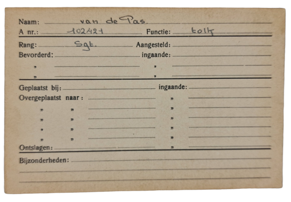 Original WW2 Allied Document - Registration card Dutch interpreter in Allied service (1945)