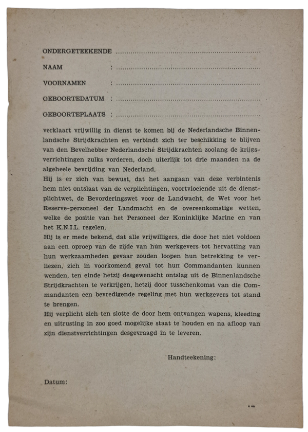 Original WW2 Dutch Document - NBS Binnenlandse Strijdkrachten registration form (1945)
