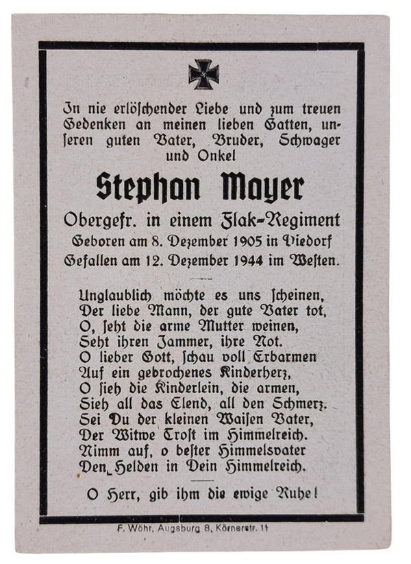 Original WW2 German Document - Death Card Stephan Meyer, Luftwaffe Flak Regiment, Westen (1944)