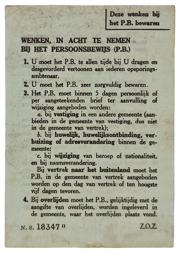 Original WW2 Dutch Document - Persoonsbewijs enclosure