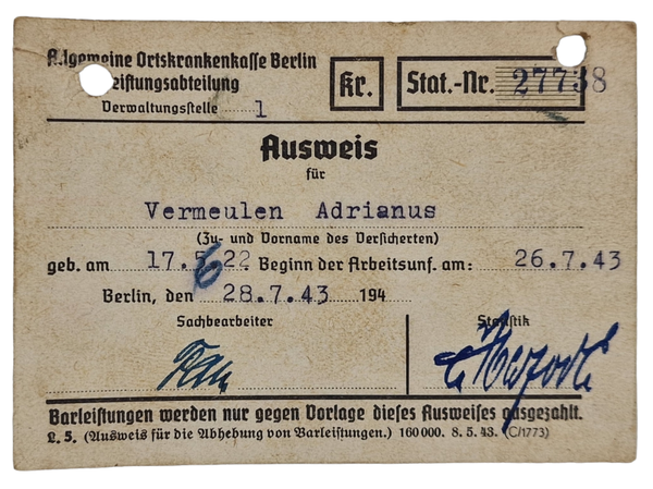 Original WW2 Dutch Document - Ausweis Dutch worker in Germany (1943)