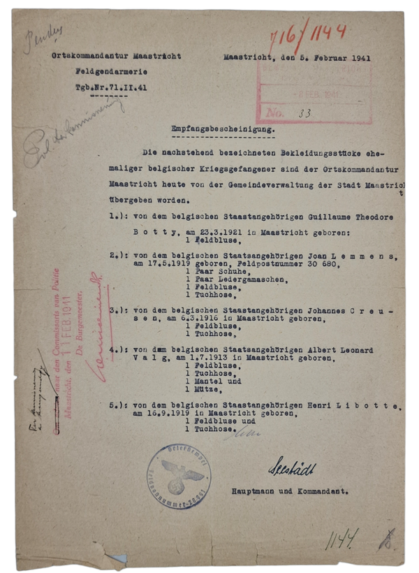 Original WW2 Dutch Document - Ortskommandantur Maastricht Empfangsbescheinigung Belgian POW's (1941)