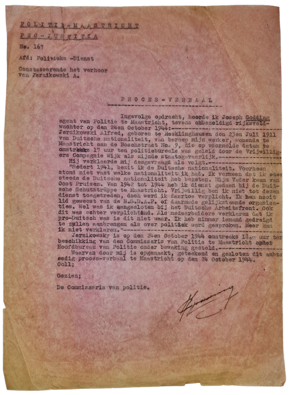 Original WW2 Dutch Document - Police report German soldier Schutztruppe Maastricht (1944)