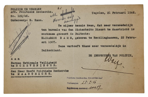 Original WW2 Dutch Document - Police report worker for the Sicherheitsdienst Maastricht, Tegelen (1946)