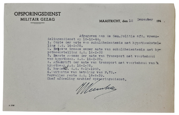 Original WW2 Dutch Document - Police MG Militair Gezag debt overview, Maastricht (1944)