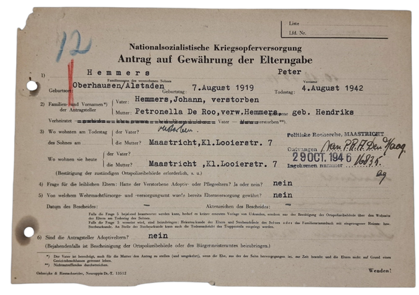 Original WW2 Dutch Document - Nationalsozialistische Kriegsopfersorgung Maastricht (1942)
