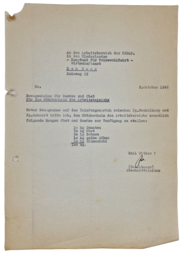 Original WW2 Dutch Collaboration Document - NSDAP The Hague, Mädchenheim des Arbeitsbereichs (1942)