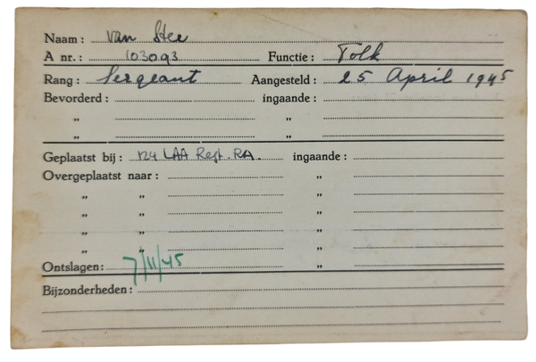 Original WW2 Allied Document - Registration card Dutch interpreter in Allied service, Tholen (1945)