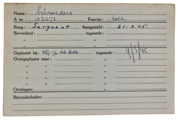 Original WW2 Allied Document - Registration card Dutch interpreter in Allied service, Geertruidenberg (1945)