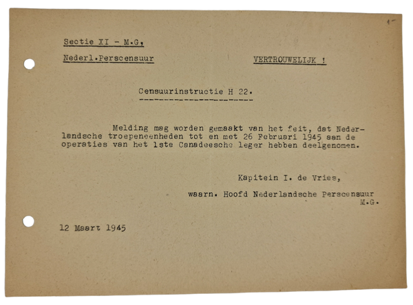 Original WW2 Dutch Allied Document - MG Militair Gezag, H 22 Censorship Dutch volunteers in the Canadian army (1945)