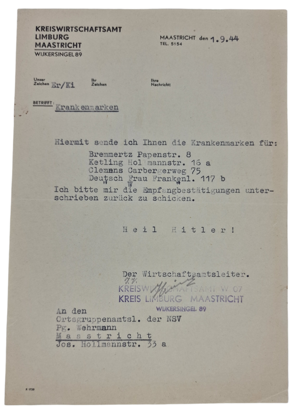 Original WW2 Dutch Document - Kreiswirtschaftsamt Limburg Maastricht, Krankenmarken, NSV (1944)