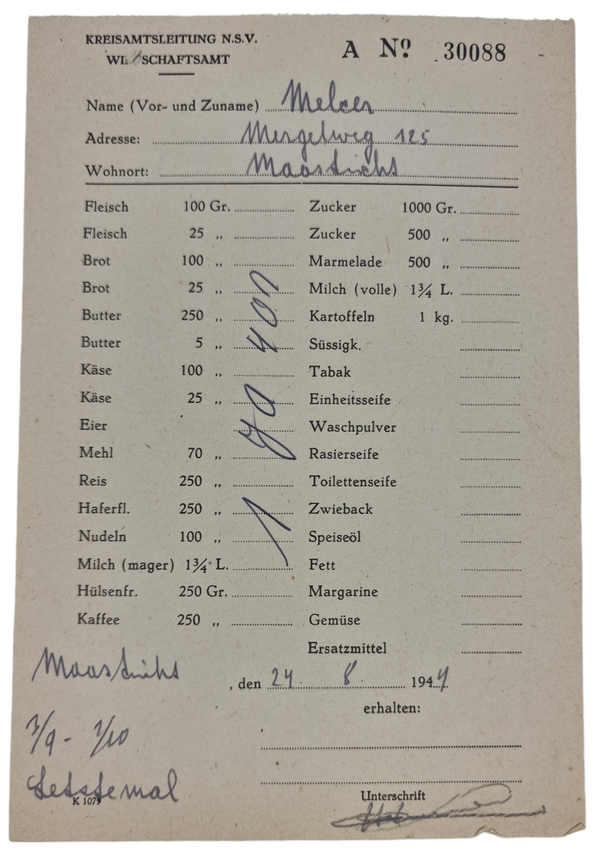 Original WW2 Dutch Collaboration NSV Document - Kreisamtleitung NSV Wirtschaftsamt Maastricht (1944)