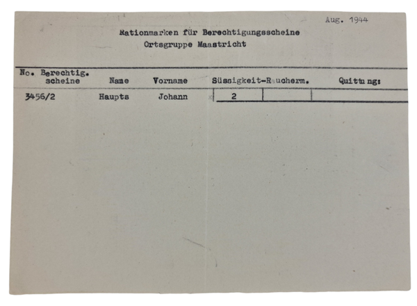 Original WW2 Dutch Collaboration NSV Document - Rationsmarken Berechtigungsscheine Ortsgruppe Maastricht (1944)