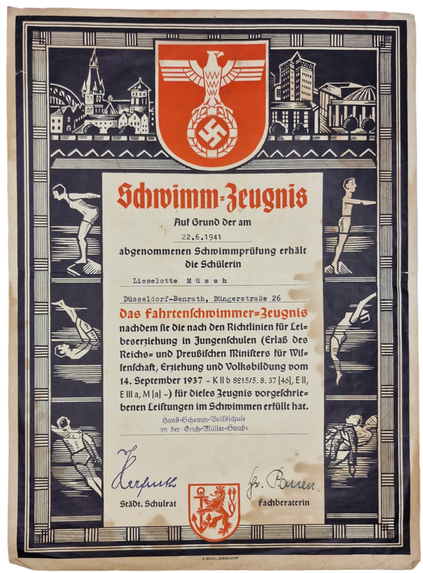 Original WW2 German Document - Schwimm Zeugnis, swimming diploma Düsseldorf (1941)
