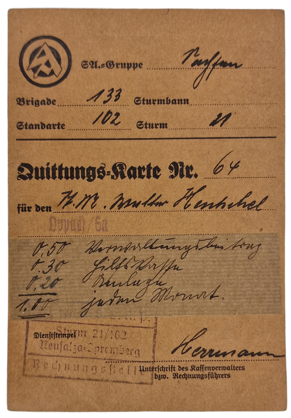 Original WW2 German SA Document - SA Quittungskarte Neusalza-Spremberg (1939)