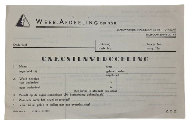 Original WW2 Dutch Collaboration NSB Document - WA Weer Afdeeling Onkostenvergoeding unused (1942)