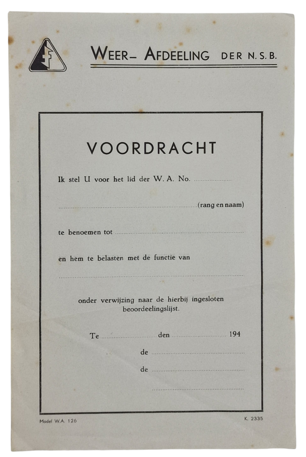 Original WW2 Dutch Collaboration NSB Document - WA Weer Afdeeling ''Voordracht''
