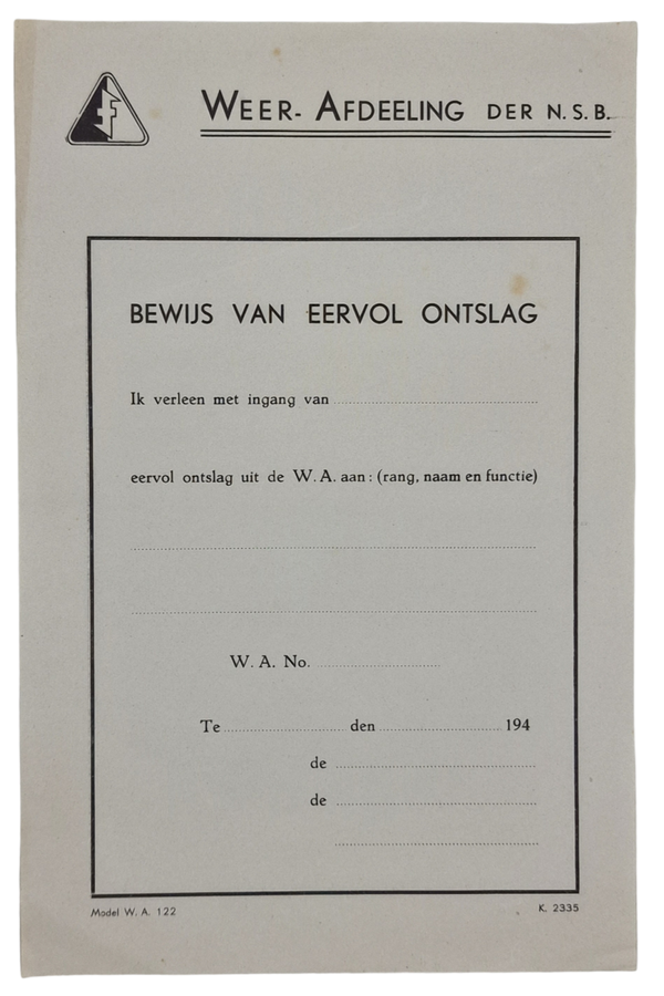Original WW2 Dutch Collaboration NSB Document - WA Weer Afdeeling ''Bewijs voor eervol ontslag''