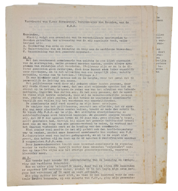 Original WW2 Dutch Collaboration NSB Document - C. van Ravenswaay speech, Mayor of Zaandam