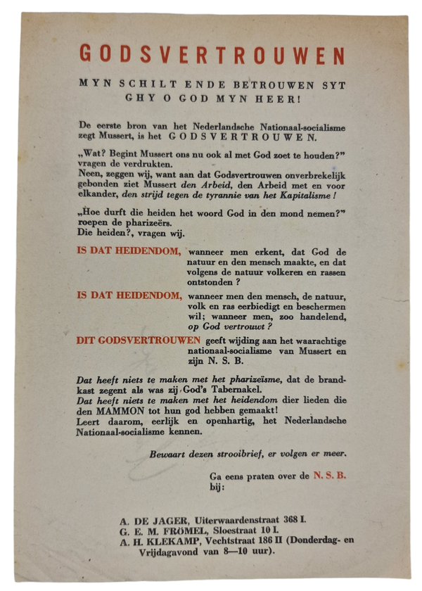 Original WW2 Dutch Collaboration NSB Document - Godsvertrouwen, Amsterdam
