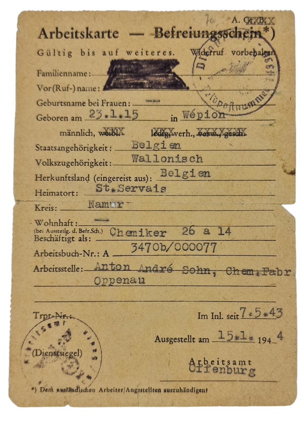 Original WW2 Belgian Document - Arbeitskarte St. Servais, Namur (1943)