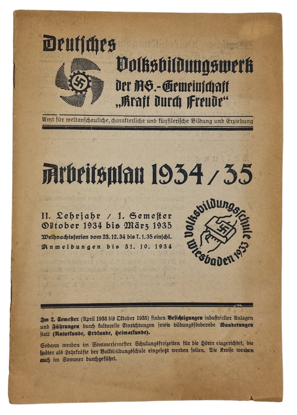 Original WW2 German Brochure - KDF Deutsches Volksbildungswerk Arbeitsplan (1934 1935)