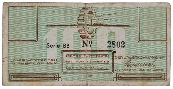 Original WW2 Dutch Document - Concentration Camp Westerbork 100 cent BB (1944)