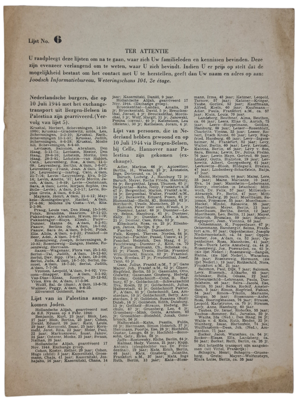 Original WW2 Dutch Document - List of returned Jewish people from the concentration camps, No. 6 (1945)