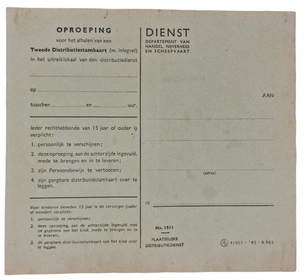 Original WW2 Dutch Document - Call to pick up the ''Tweede Distributiestamkaart'' (1943)