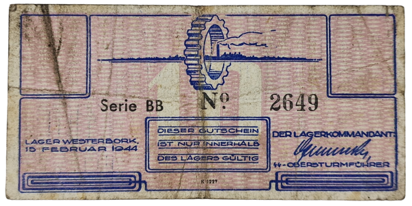 Original WW2 Dutch Document - Concentration Camp Westerbork 10 cent BB (1944)