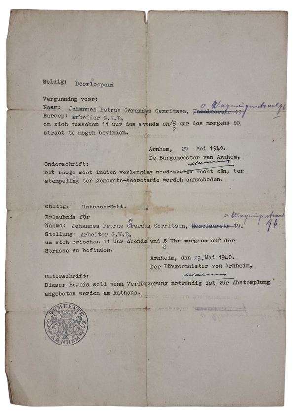 Original WW2 Dutch Document - Curfew ausweis, Arnhem (1940)
