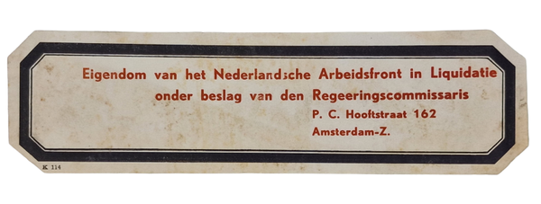 Original WW2 Dutch NAF Document - Map sticker Nederlandsche Arbeidsfront in Liquidatie Regeeringscommissaris (1945)