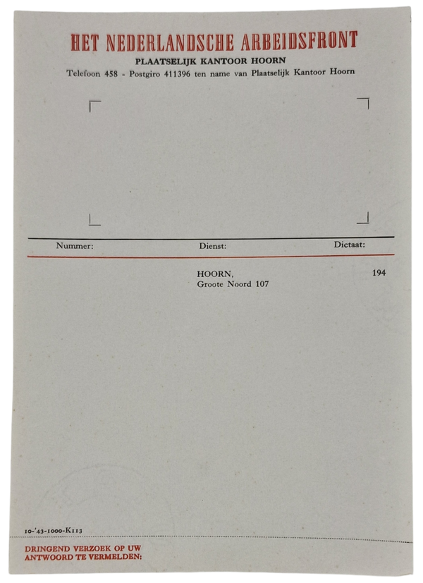 Original WW2 Dutch Collaboration NAF Document - Unused letter head Nederlandsche Arbeidsfront Hoorn (1943)