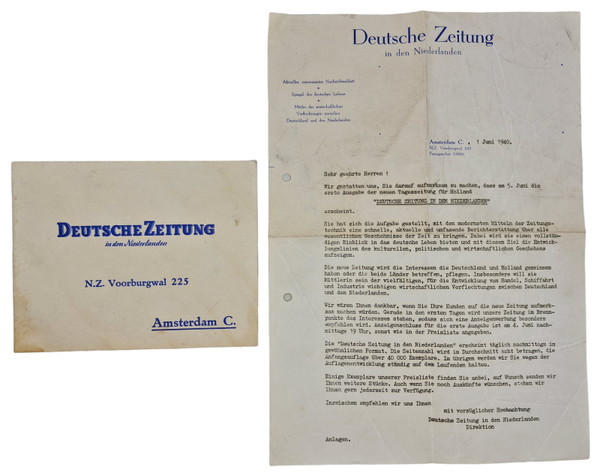 Original WW2 Dutch Collaboration Document - Deutsche Zeitung in den Niederlanden letter (1940)