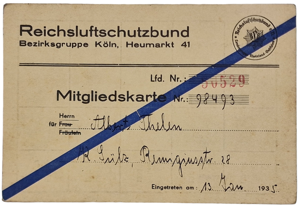 Original WW2 German Document - RLB Reichsluftschutzbund Köln Midgliedskarte (1935)