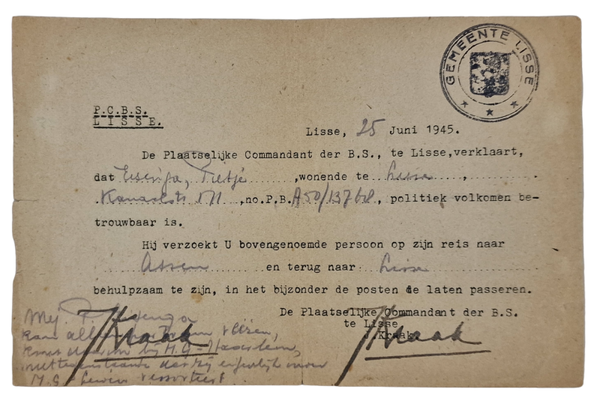 Original WW2 Dutch Liberation Document - Travel permit NBS Lisse (1945)