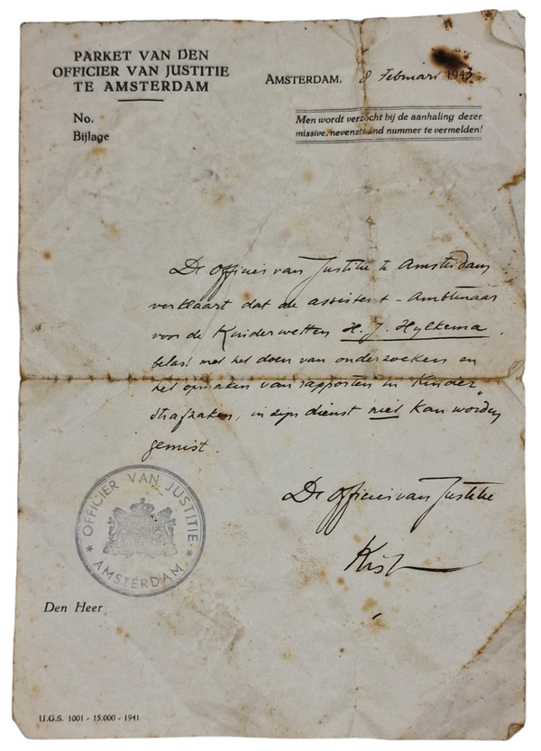 Original WW2 Dutch Document - Statement important worker, prosecutor Amsterdam (1943)