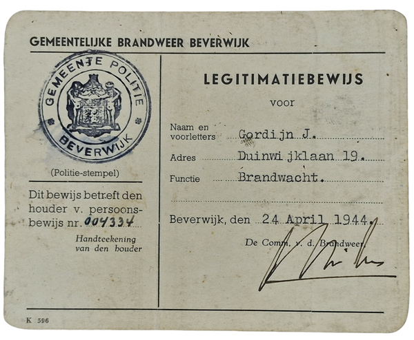 Original WW2 Dutch LBD Document - Luchtbeschermingsdienst ''Brandweer'' Beverwijk (1944)