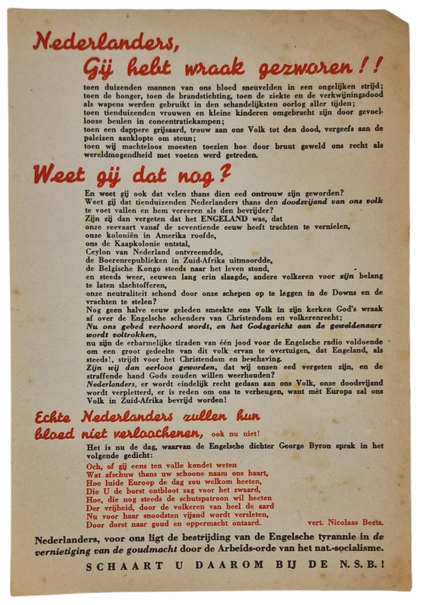 Original WW2 Dutch Collaboration NSB Flyer - Nederlanders, Gij hebt wraak gezworen!!
