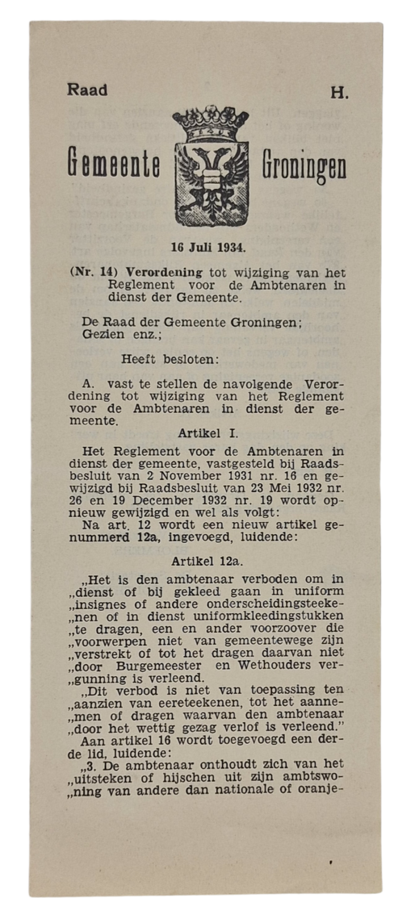 Original WW2 Dutch Document - Prohibited from wearing a political uniform as a government official, Groningen (1934)