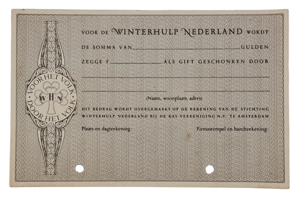 Original WW2 Dutch Collaboration WHN Document - Winterhulp Nederland donation card