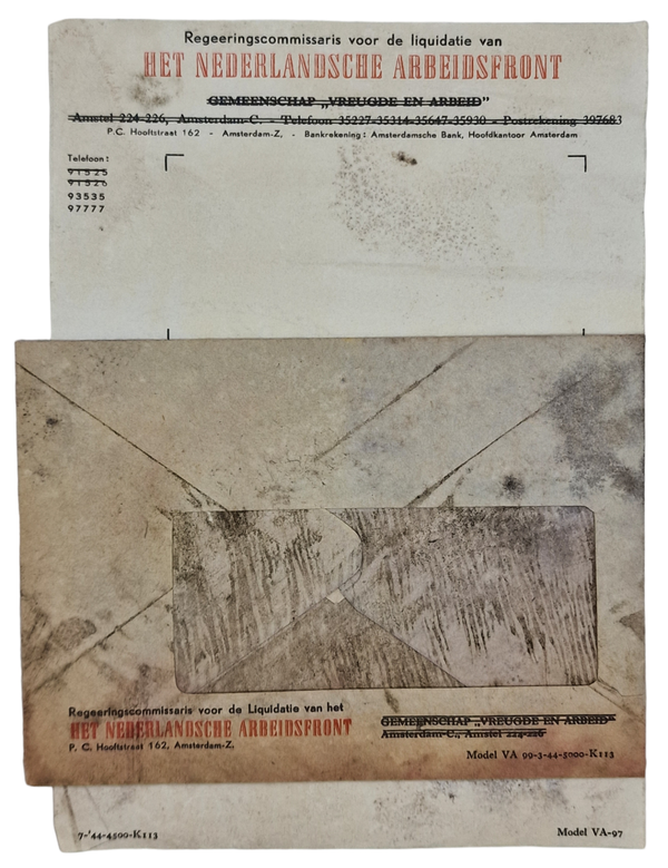 Original WW2 Dutch NAF Document - Letter and envelope Nederlandsche Arbeidsfront in Liquidatie Regeeringscommissaris (1945)