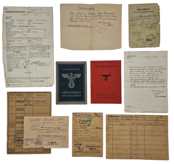Original WW2 Dutch Document - Dutch worker in Germany set, Doornspijk, Utrecht, Wiesbaden (1943 1944)