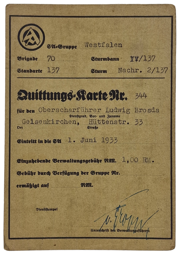 Original WW2 German SA Document - Quittungskarte SA Gruppe Westfalen, Gelsenkirchen (1933)