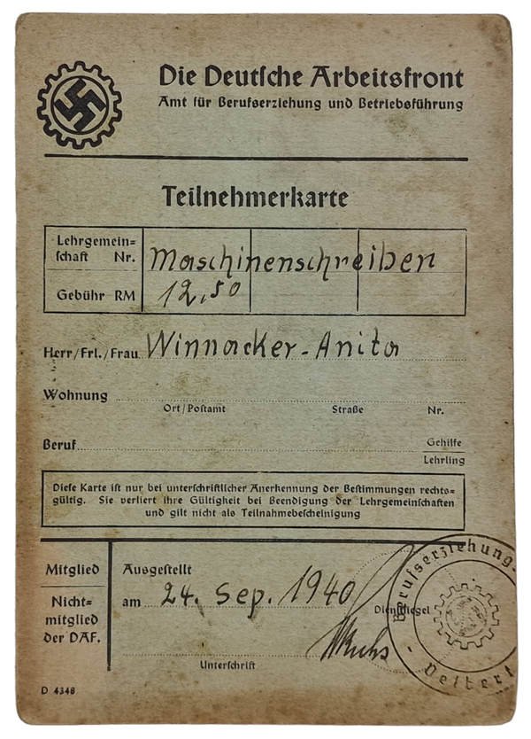 Original WW2 German DAF Document - Deutsche Arbeitsfront Teilnehmerkarte Velbert (1940)